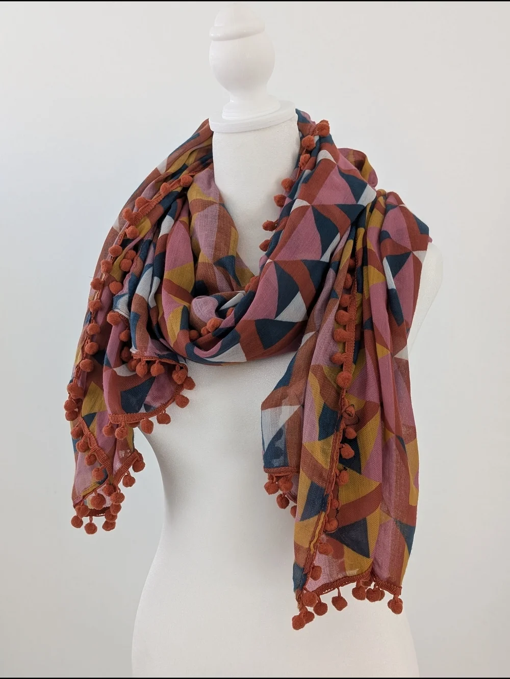 Prana Scarf Geometric Block Print Pom-Pom Trim Oversized 68